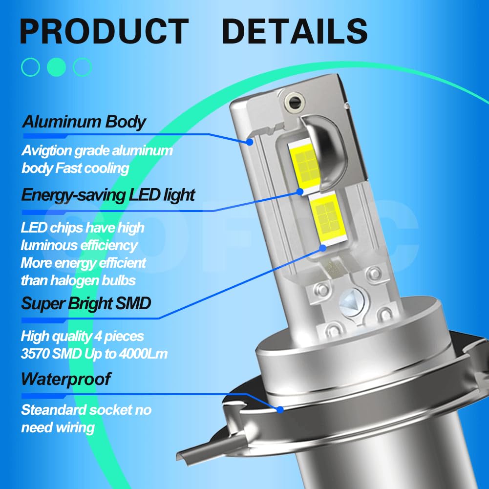 SOFOC H4 Lampadina 9003/HB2 Led 500% Più Luminosa Dei Fari Alogeni Per Moto/Auto Bianco DC 12V-18V 60W 4000Lm P43T Design Con Fascio Alto E Basso 1Pcs