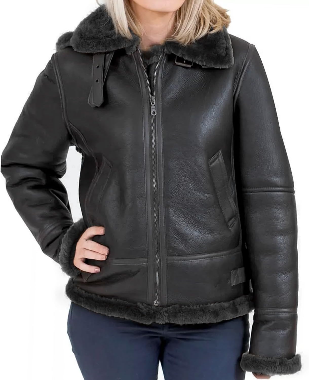 Womens B3 Bomber Hooded Classic RAF Genuine Sheepskin Leather Jacket Aviator WW2 Faux Fur Warm Winter Leather Jacket - Image 3