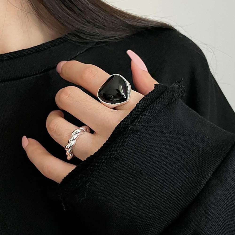 Black Onyx Stone Heart Statement Ring for Women Love Hearted Expandable Adjustable Open Finger Rings Promise Eternity Wedding Engagement Bands Stacking Fashion Jewelry for Lover Her - Image 2