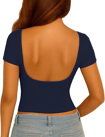 ForeFair Women Sexy Backless Going Out Tops Short Sleeve Slim Fit Summer Open Back Y2K Tops
