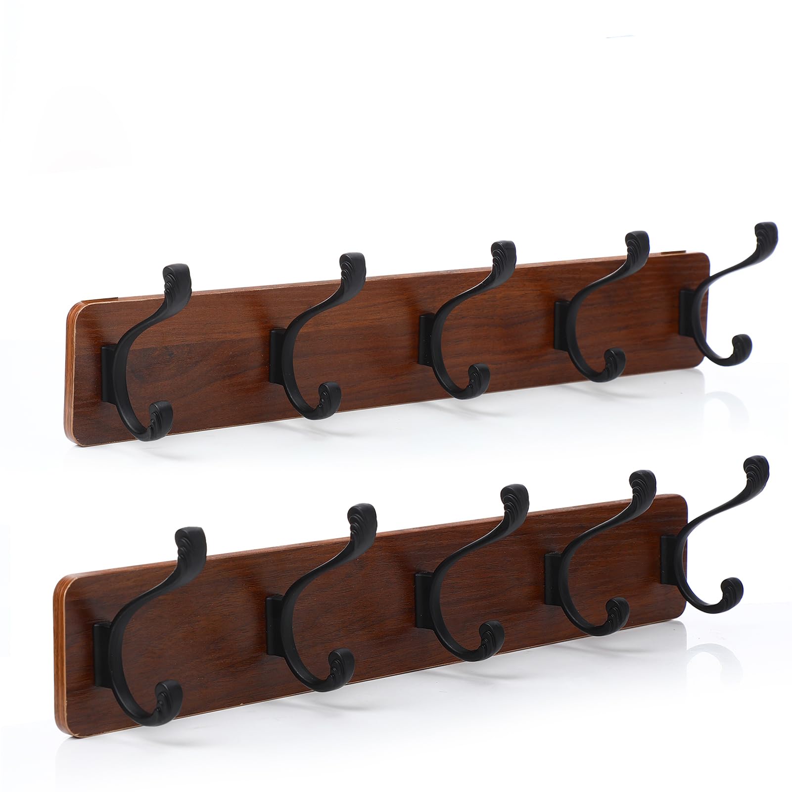 TORZCT 2PCS Coat Rack Wall Mount Coat Hooks Coat Hanger with 5 Hooks 2 Installation Over Door Hooks Wood Plank Hat Rack for Wall Hooks Hanging Coat Hat Jacketgt Mudroom Bathroom Entryway-Black