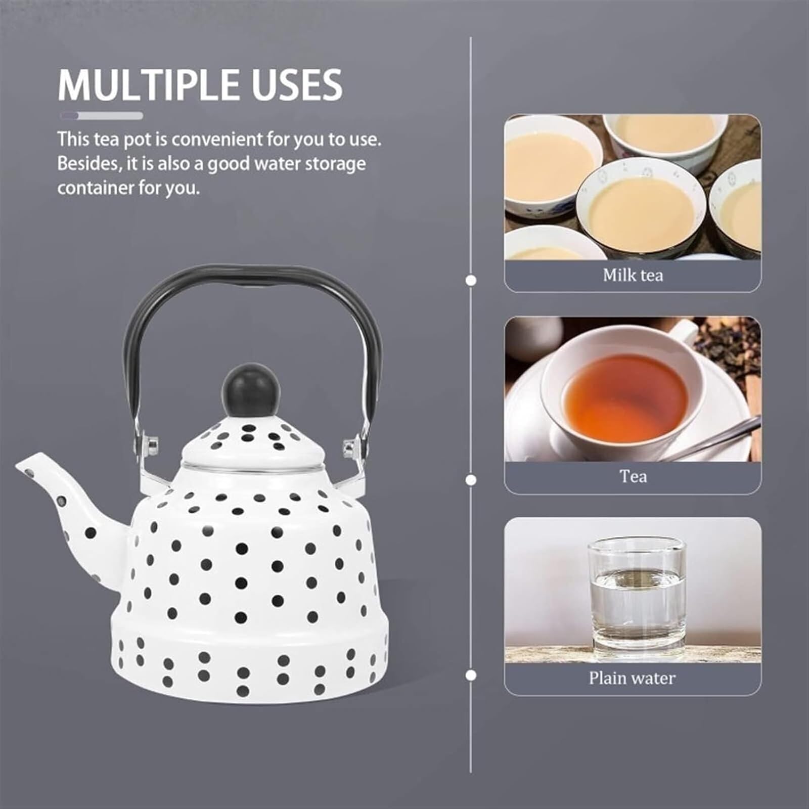 Bouilloire en émail blanc avec motif à pois noirs pour dessus de cuisinière, théière rétro pour eau chaude, chaleur rapide, remplissage facile, sans sifflement (1,7 l)