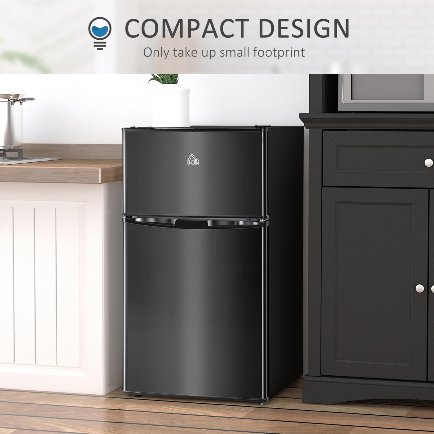 3.2 Cu.Ft Mini Fridge With Freezer, Double Door Compact Refrigerator With Adjustable Thermostat, Shelf And Reversible Door For Bedroom, Dorm, Home Office, Energy Efficient, Black Steel Black -