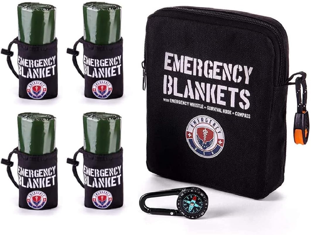 Emergency Blanket Survival Kit - 4 Mylar Reflective Thermal Blankets, Compass, Emergency Whistle - Perfect Addition to First Aid Supplies, Bug Out Survival Gear and Emergency Preparedness Items