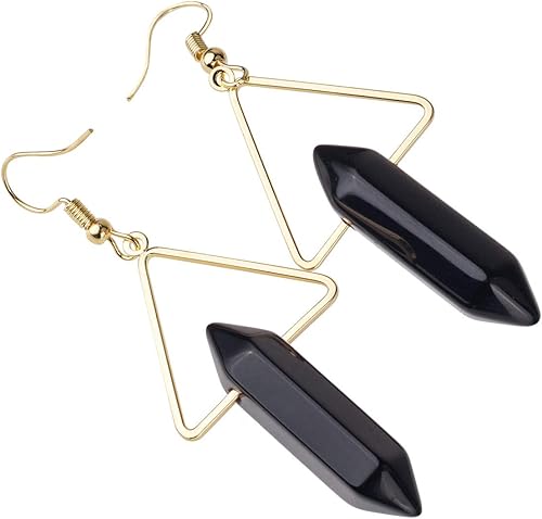 Miniatura 2 de TUMBEELLUWA Aretes colgantes de piedra de cristal curativo para mujer, aretes hexagonales de cuarzo con puntos triangulares