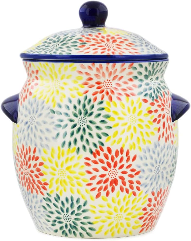Polmedia Polish Pottery Jar with Lid and Handles UNIKAT - Pastel Garden Pattern Handmade in Boleslawiec Poland + Certificate of Authenticity