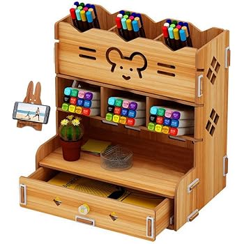 Amazon Com Marbrasse Wooden Desk Organizer Multi Functional Diy Pen Holder Box Desktop Stationary Home Office Supply Storage Rack With Drawer B11 Black Office Products
