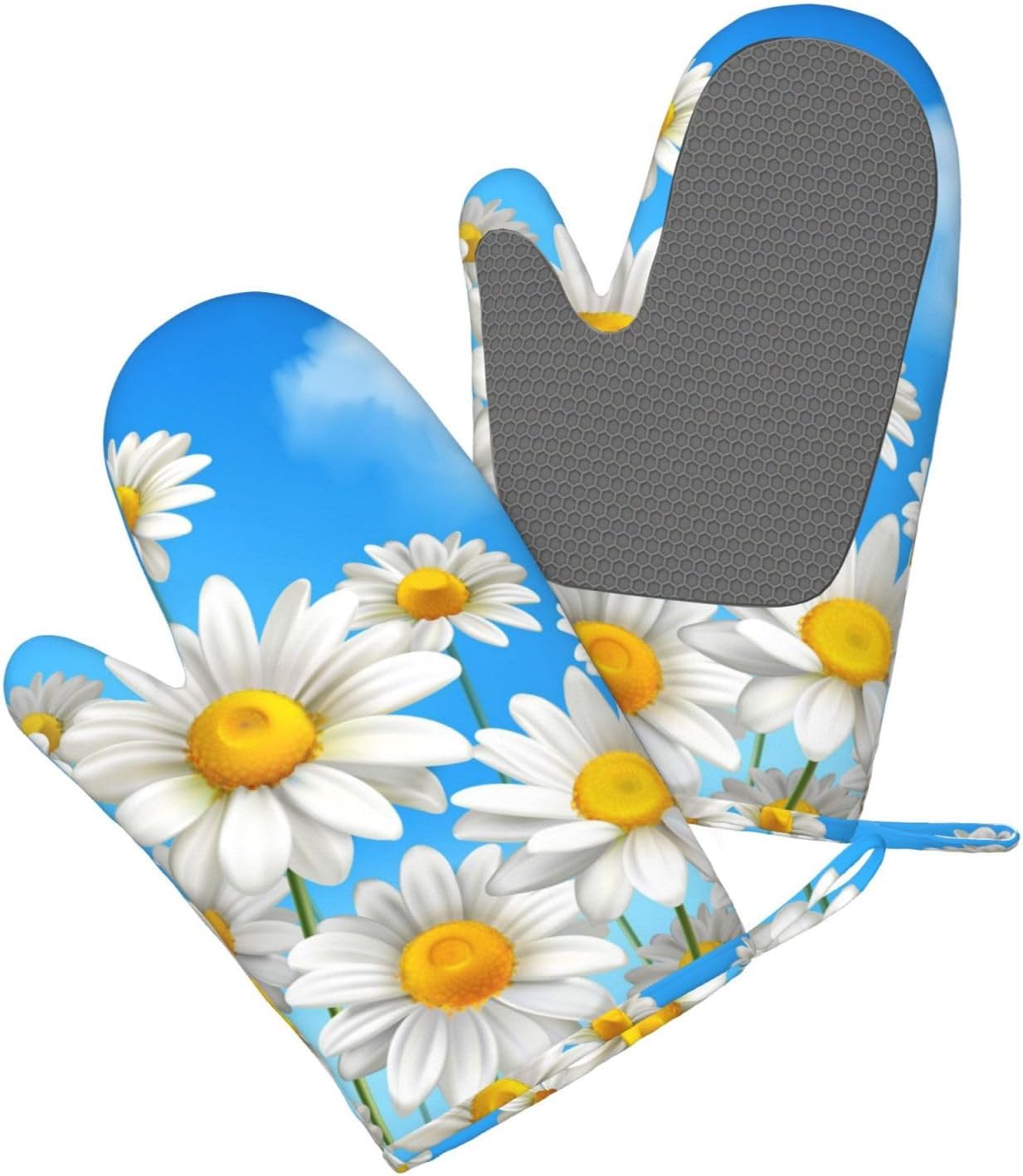 Spring Daisy Flowers Oven Mitts and Pot Holders Set of 4 Heat Resistant Kitchen Gloves with Silicone Palm Hot Pads for Baking Cooking Grilling BBQ