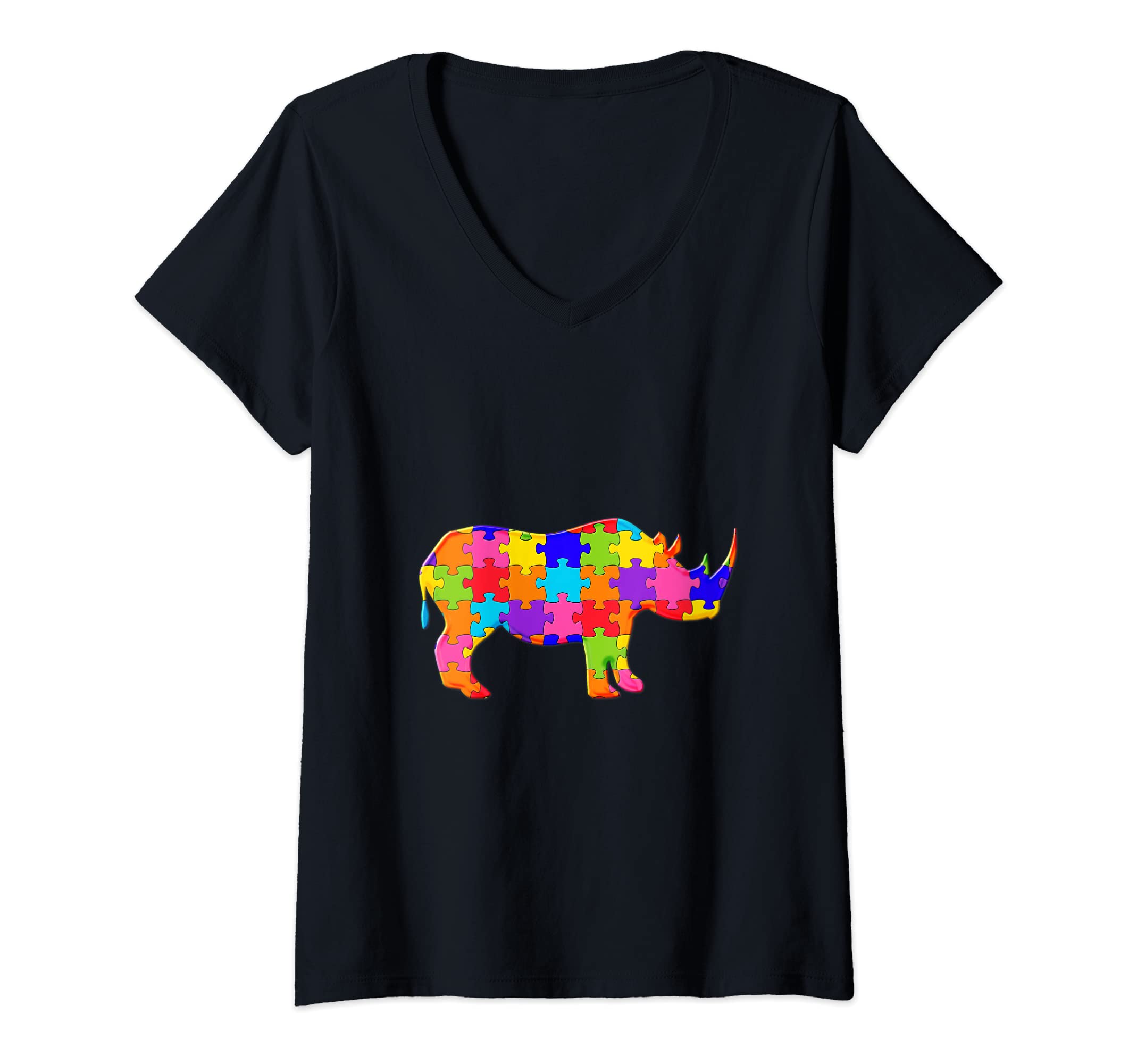 Womens Rhino rhinoceros Animal chubby unicorn Jigsaw Autism Puzzle V-Neck T-Shirt