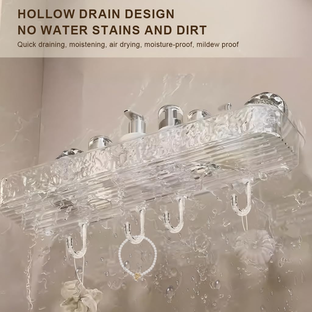 HASTHIP® Bathroom Toiletries Organizer Tray Wall Mounted Suction Cup Storage Rack with 4 Hooks, Slotted Open for Quick Drainage, Fashion Clear Textured Wall Storage Tray - Image 5 thumbnail