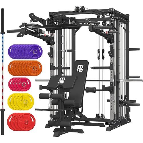 Commercial Smith Machine with Smith Bar, 4000LBS Power Cage Squat Rack with Lever Arm, Leg Press, LAT Pull Down System, Multi-Function Linear Bearing Cable Crossover Machine for Home Gym