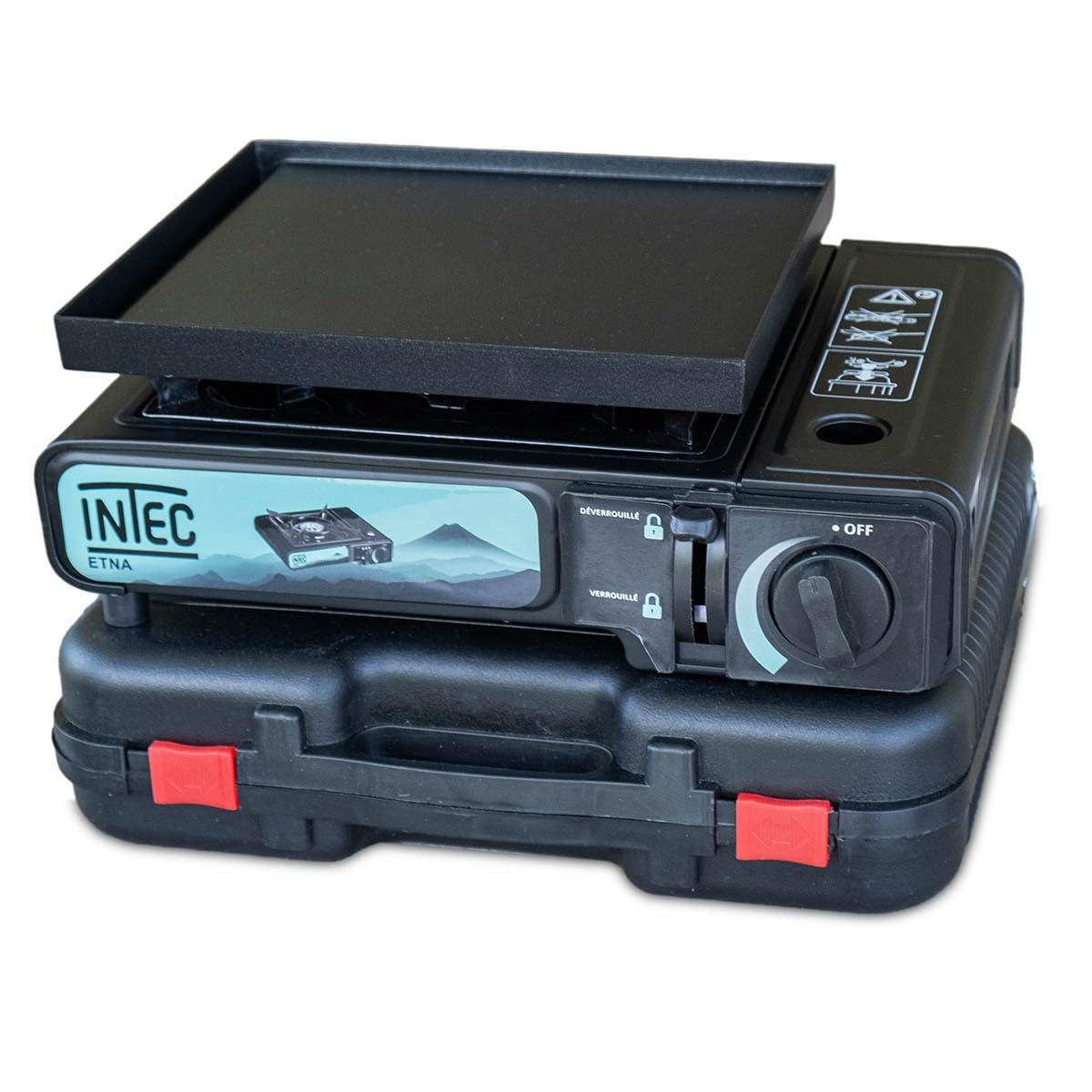 INTEC - Réchaud à gaz Portable 2200W ETNA + Plaque plancha Cartouche gaz Camping Allumage Piezo Mallette