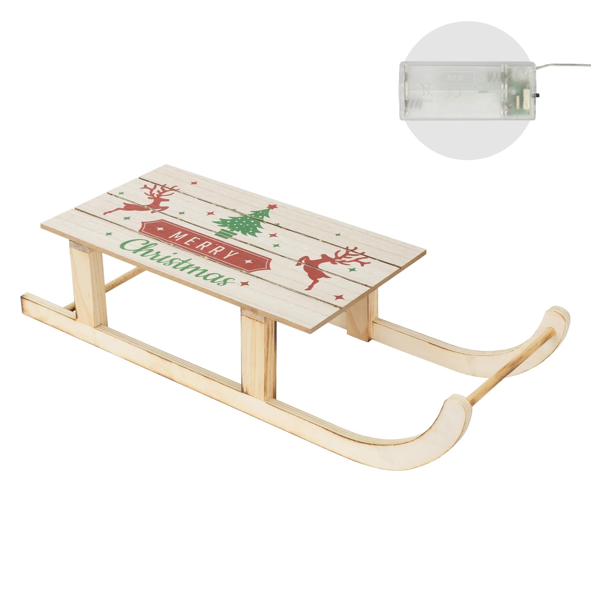 ECD Germany Trineo Decoración Navideña de Madera, 60x21x13,5cm Marrón Iluminación 60 Leds Blanco Cálido, Adorno Navideño, Función con Pilas, Accesorio Festivo Ornamento Original para Árbol de Navidad