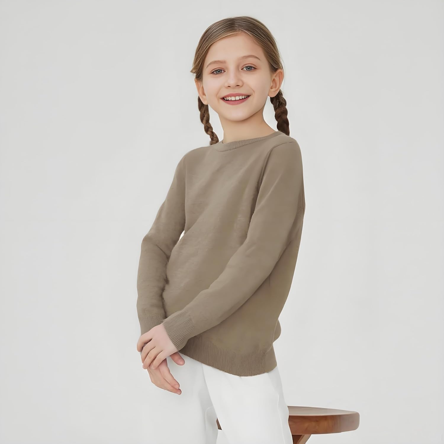 Boys&Girls' Uniform Cotton Crewneck Sweater, Long Sleeve Pullover Thermal Wool Solid Knit Top
