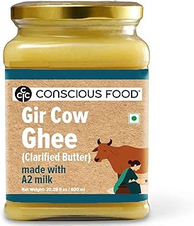 Conscious Food A2 Gir Cow Ghee 20.28 fl.oz - Clarified Butter from Grass-Fed Gir Cows | Hand-Churned (Bilona Method) | Ayurveda-Inspired | Rich Flavor & Aroma