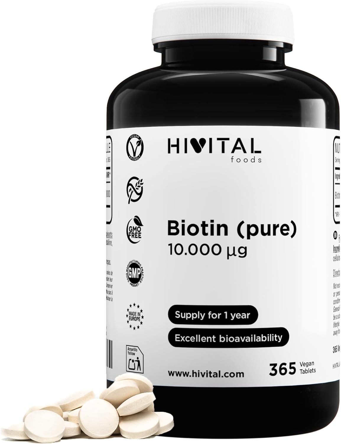 Biotine pure 10000 mcg (Vitamine B7). 365 comprimés pour un an de traitement. Convient aux végétaliens. Absorption, rétention et efficacité maximales du produit. Fabriqué en Europe par HIVITAL - Amazon product rated Grade B