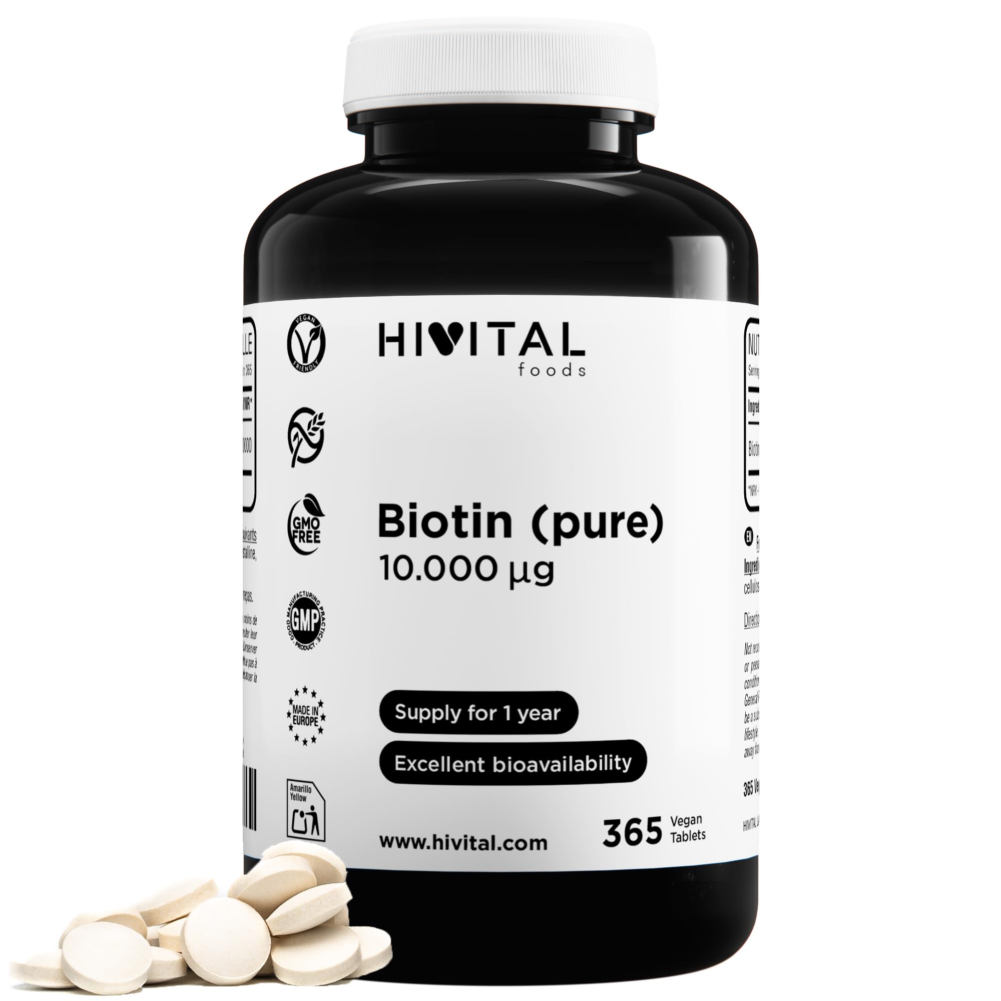 Biotine pure 10000 mcg (Vitamine B7). 365 comprimés pour un an de traitement. Convient aux végétaliens. Absorption, rétention et efficacité maximales du produit. Fabriqué en Europe par HIVITAL