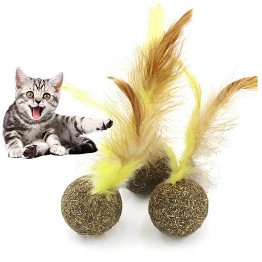 Haowul As Shown Cat Balls 3Pcs Catnip Toys Ball Treats Chewing Toy Cat Interactive Toys With Soft Feather For Cats Kitten Indoor Outdoor