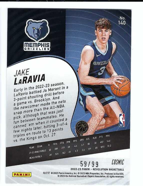 JAKE LARAVIA 2022-23 Panini Revolution #140 COSMIC PARALLEL Rookie Card RC #59 of only 99 Made! Memphis Grizzlies Basketball