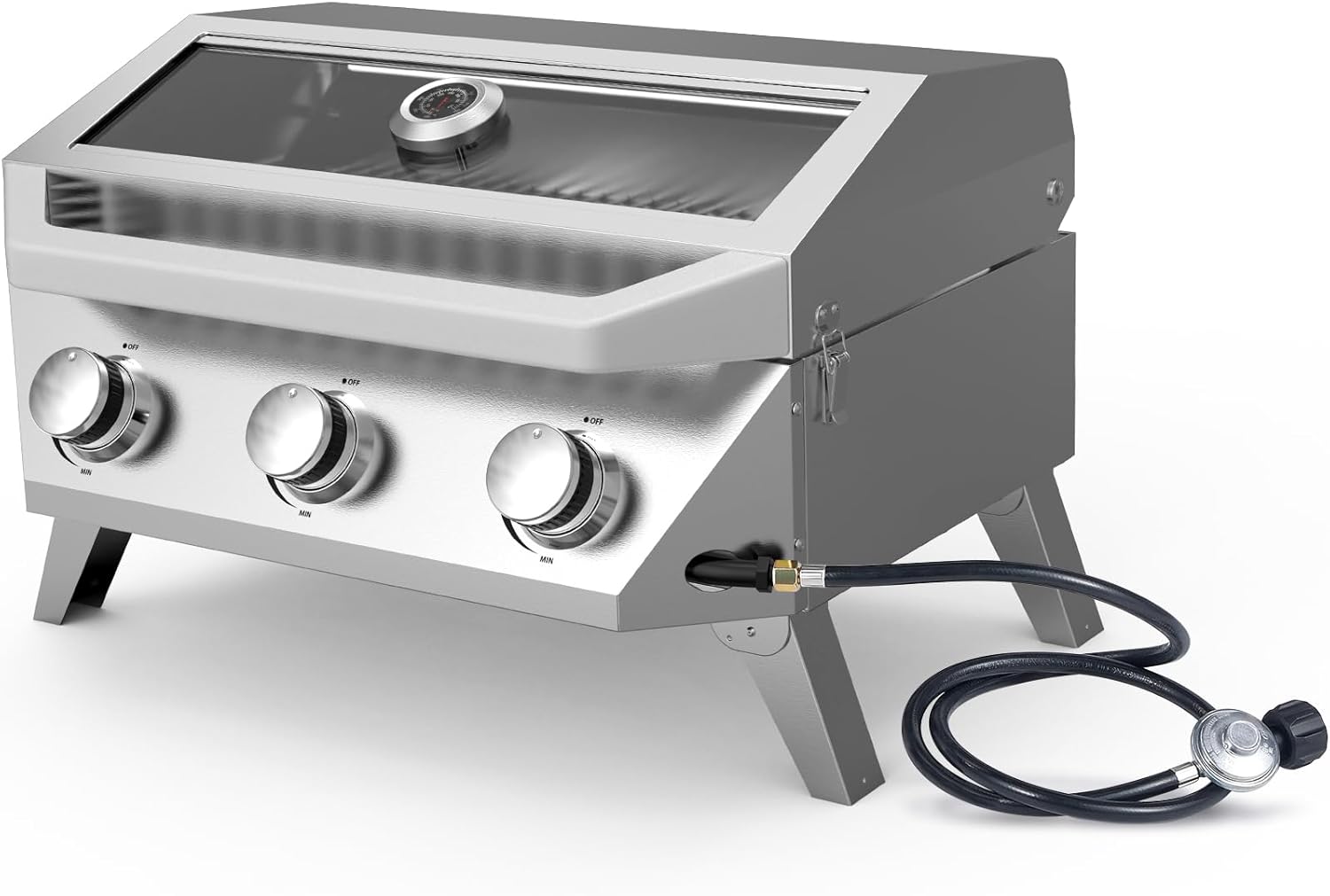 BESTFIRE Portable Propane Grill, 3-Burner Tabletop Gas Grill with 2-in-1 Connection for 1lb/20lb Tanks, 30,000 BTU Stainless Steel BBQ with Observation Window & Thermometer for Outdoor, Tailgating