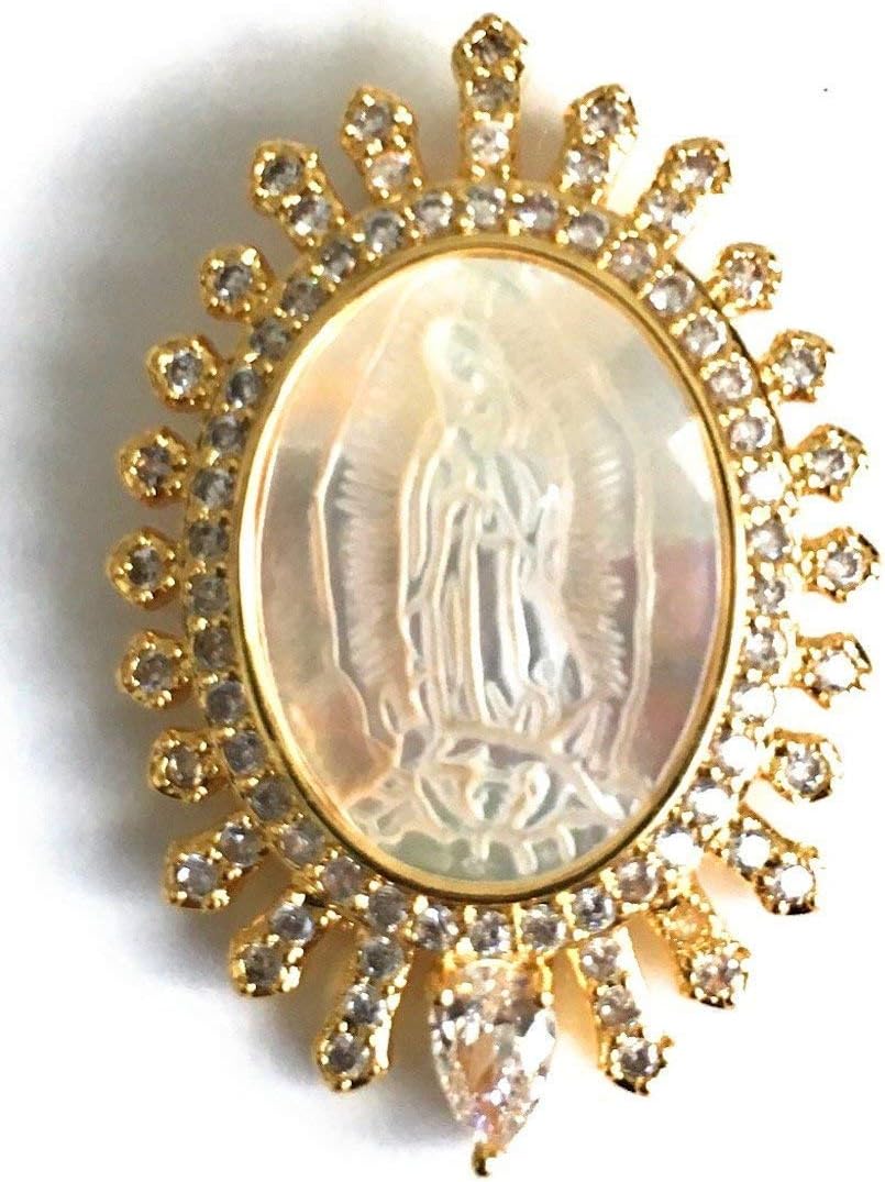 Mother of Pearl Virgen de Guadalupe Oval Pendant Necklace Gold Plated 18k Chain 17.5 Inches - Image 3