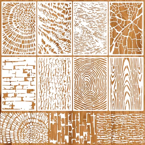 8 Pcs Abstract Texture Brick Stencils for Painting,Reusable Wood Grain Mixed Media Crackle Marble Spray Paint Layering Stencils for Wood Furniture Fabric Art Cards DIY Crafts Decor
