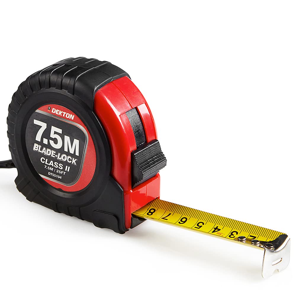 Dekton 7.5m X 25mm Hard Case Tape Measure-7.5m/10ft Blade-lock, Black/Red, 7.5 m