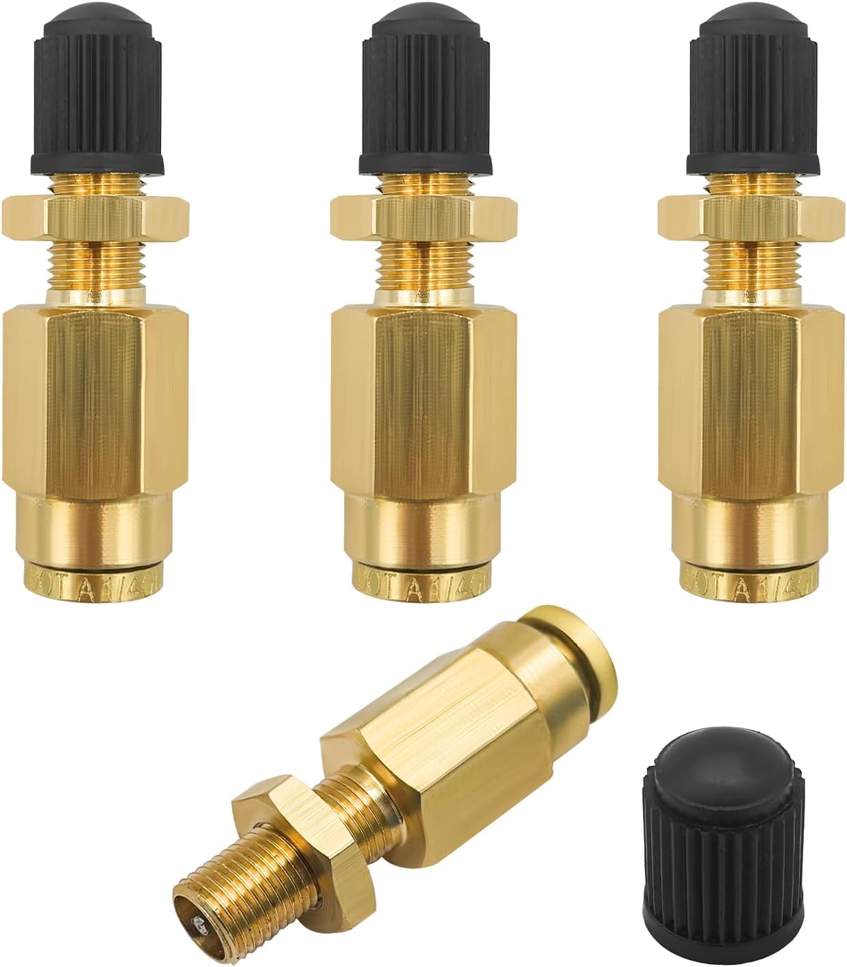 4 PCS Inflation Valve, 1/4'' Brass Air Inflation Valve with Push to Connect for 1/4'' OD Air Line Tubing and Air Spring Suspension for Trailer Tractor, Car Accessories
