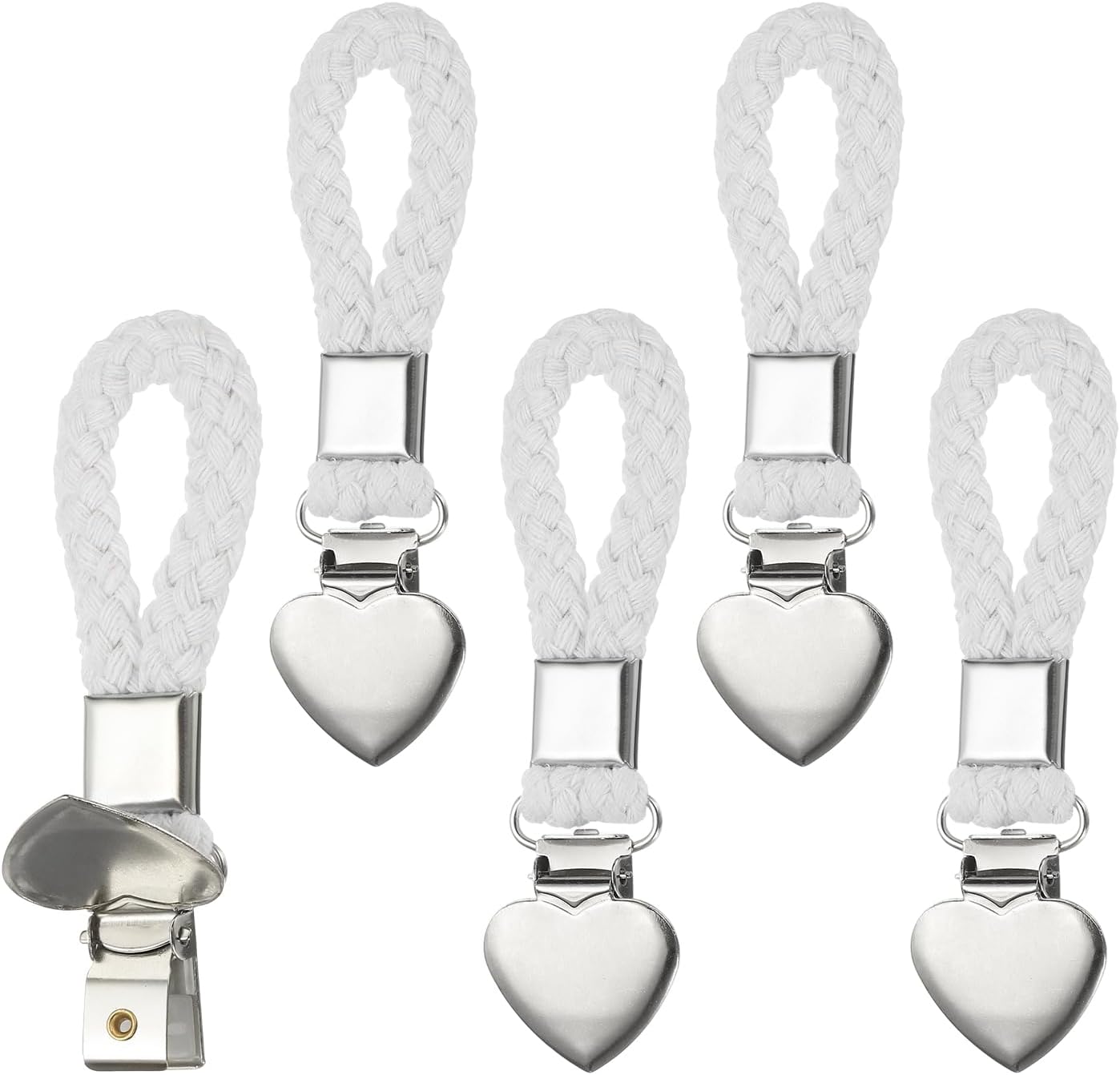 PATIKIL 5 Pcs Hanging Tea Towel Clips, 1.2" Width Braided Cotton Loop Towel Clip with Silver Metal Clamp for Kitchen Bathroom RVs Camping Hanging Organize Tool, White