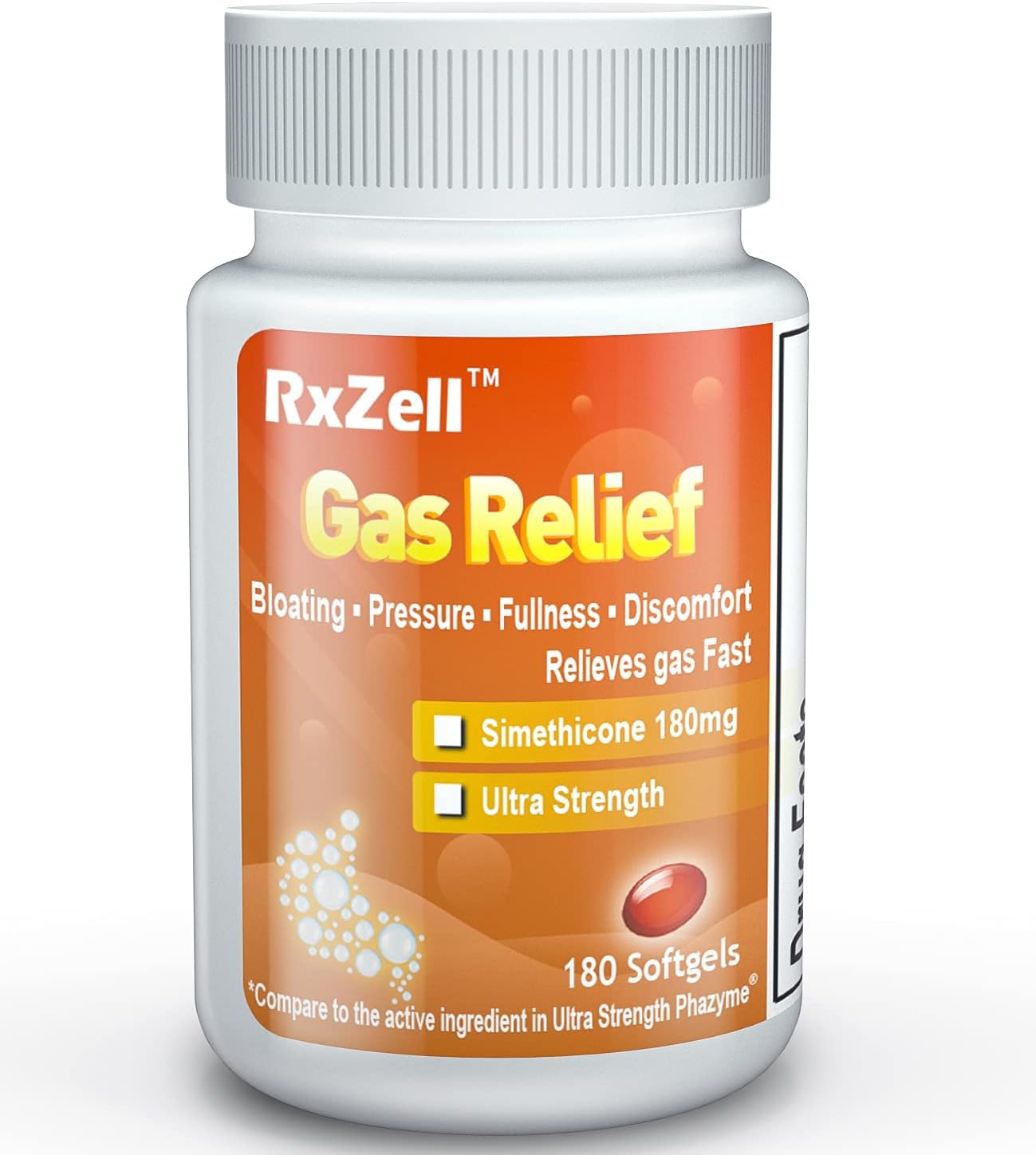 RXZELL Gas Relief, Ultra Strength Simethicone 180mg, 180