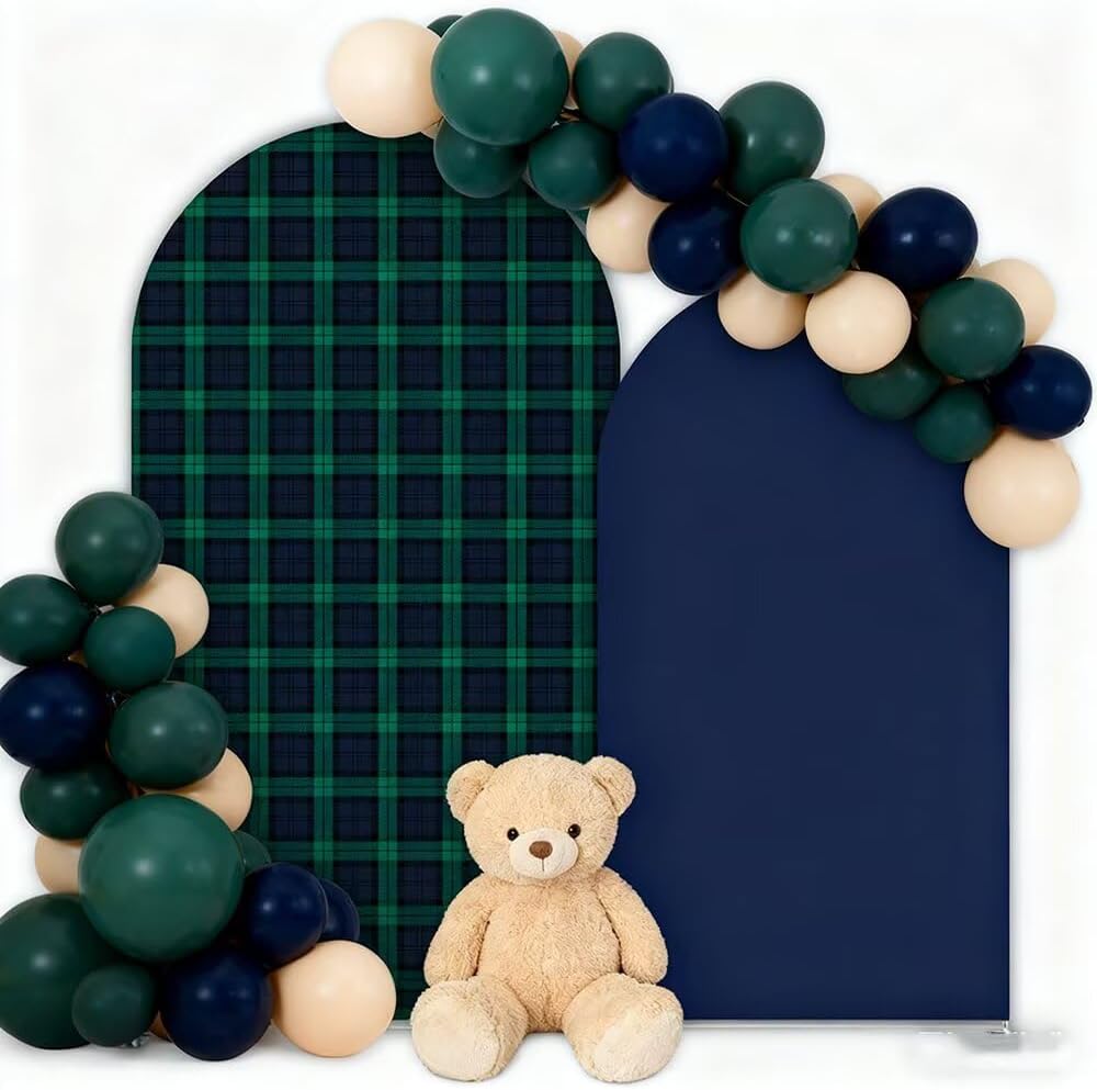 Set of 2 Arch Backdrop Covers (5FT+4FT), Green Tartan Plaids Stretchy Spandex Cover for Bear Baby Shower Birthday Party Decoration