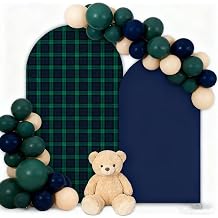 Set of 2 Arch Backdrop Covers 6FT+5FT, Green Tartan Plaids Stretchy Spandex Cover for Bear Baby Shower Birthday Party Decoration