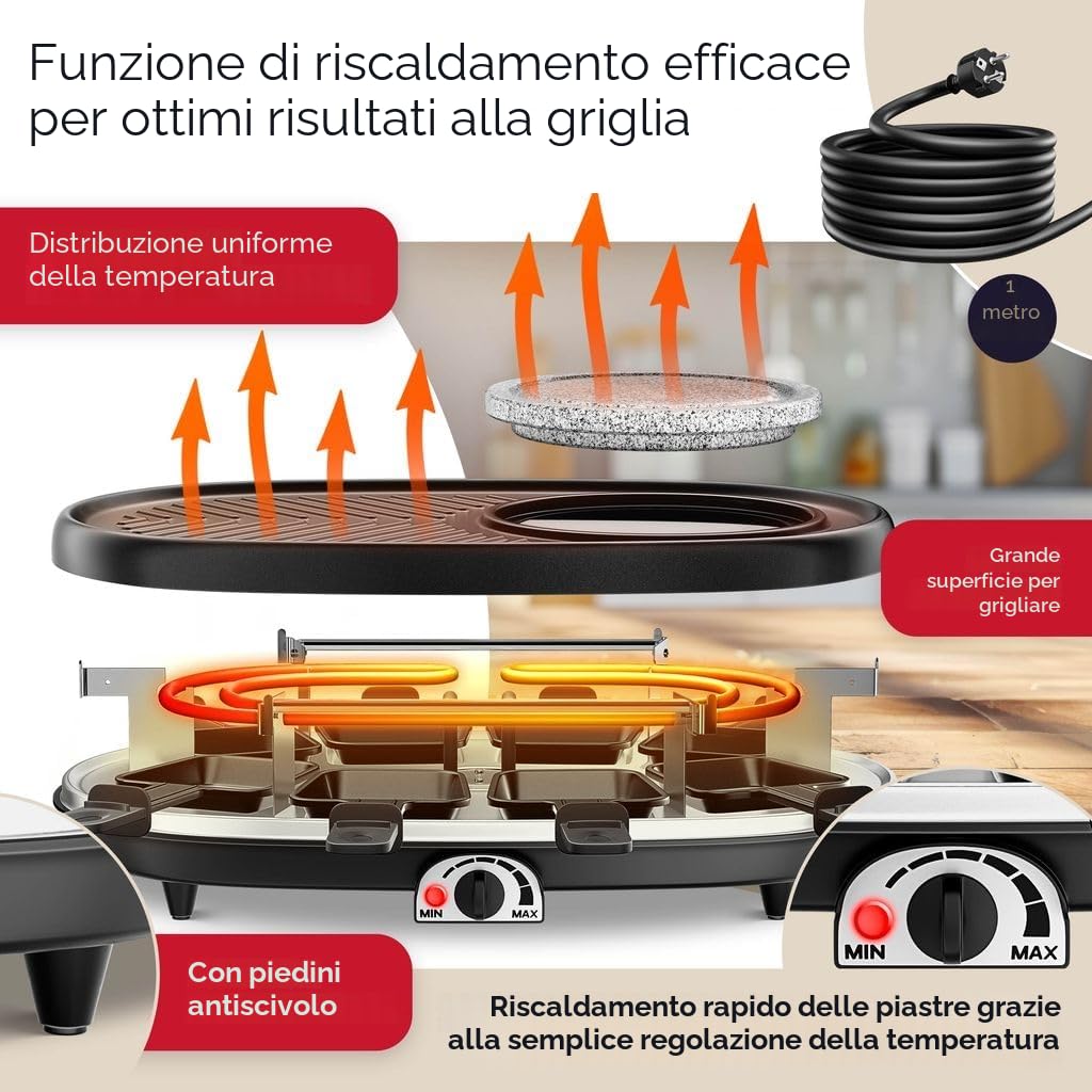 KESSER® Griglia per Raclette 3in1 con pietra naturale per grigliare, piastra per grigliare e fonduta, griglia da tavolo per 8 persone, griglia elettrica da raclette piastra antiaderente