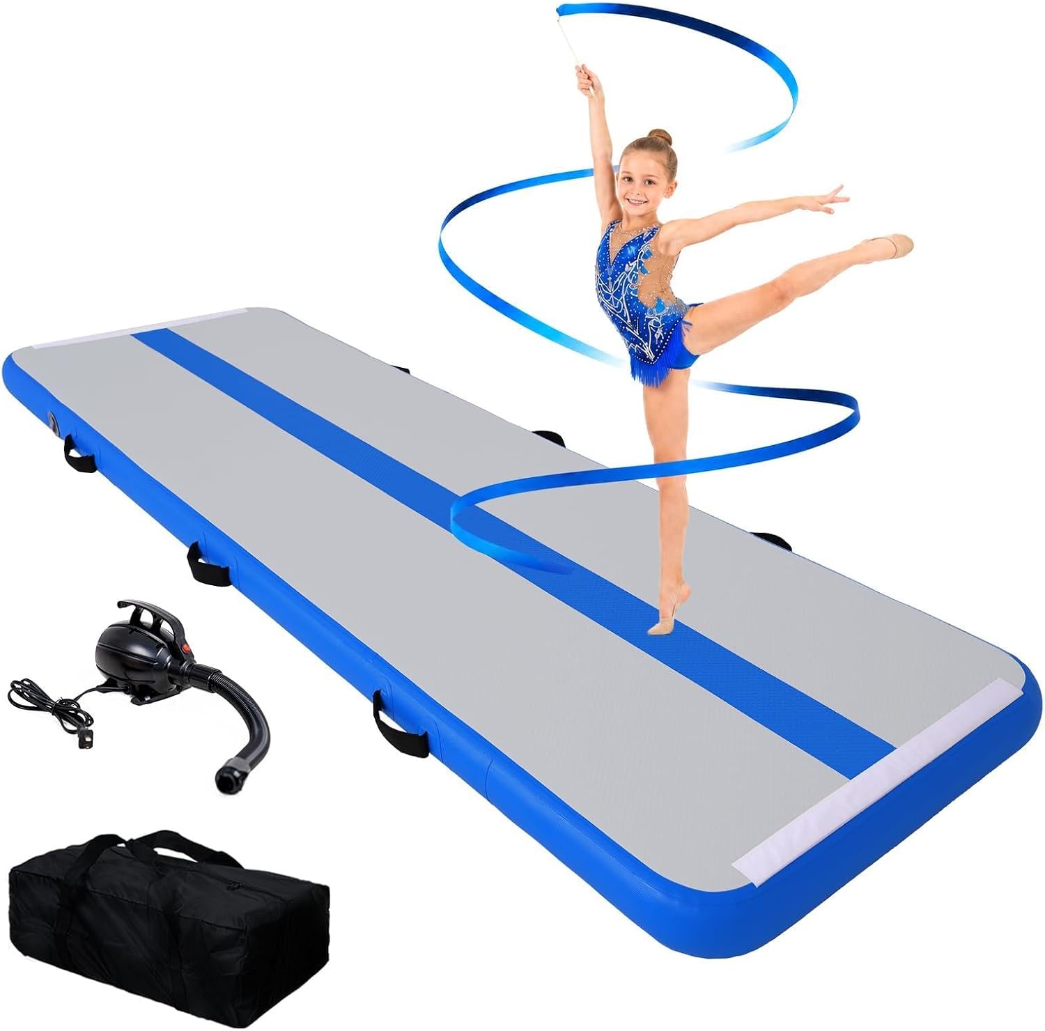 FunWater 10ft Inflatable Gymnastics Tumble Track Tumbling Mat 4in Thick Air Floor Tumble Track with Electric Pump for Cheer Leading/Gymnastics/Beach/Gym/Home