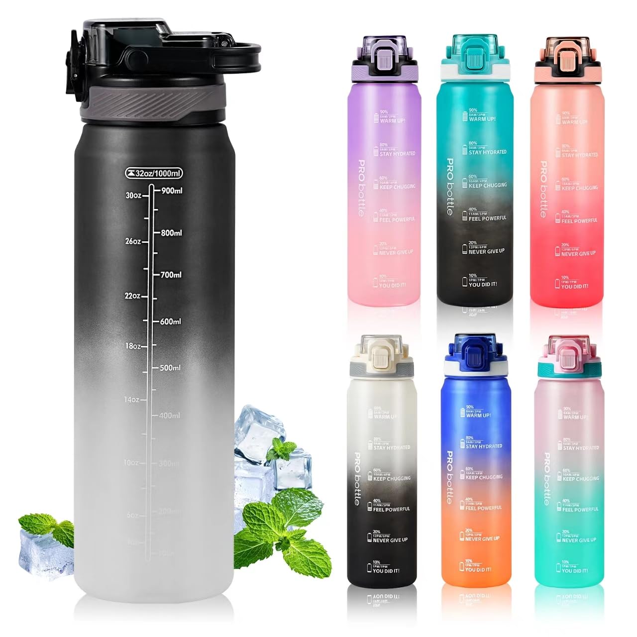 Sports Water Bottle 1L,Plastic Drinks Bottle,1 Litre Water Bottles with Time Markings,Waterbottle Leak-Proof & Bpa-Free for Gym,Office, Outdoor(No Straw) (Black-White)