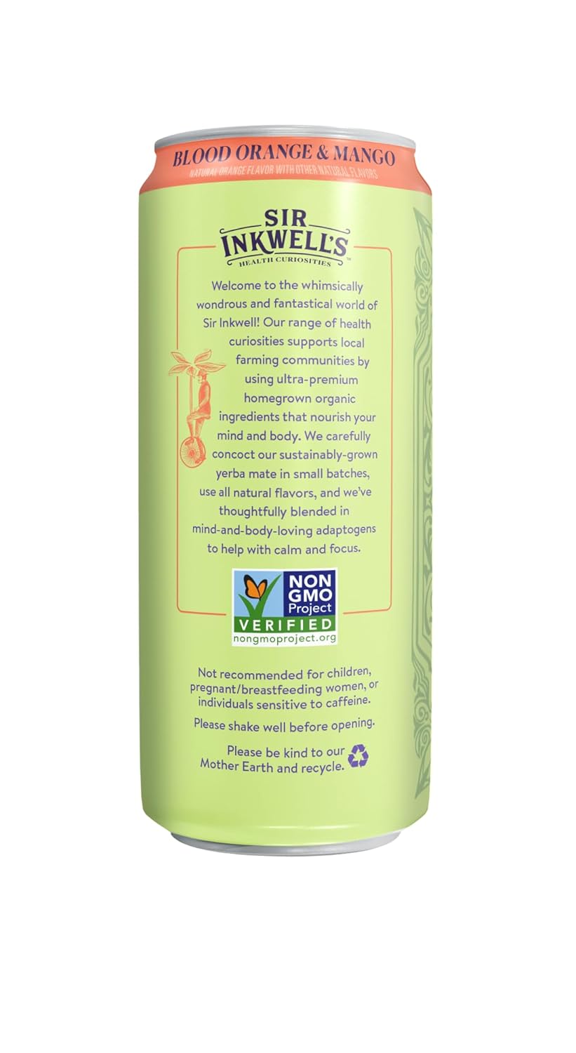 SIR INKWELL'S Adaptogen Yerba Mate | Healthful Energy + Productivity 150 mg Organic Caffeine | 300mg Ashwagandha Reishi Ginseng | Non-GMO Certified | Blood Orange & Mango 16oz 12pk