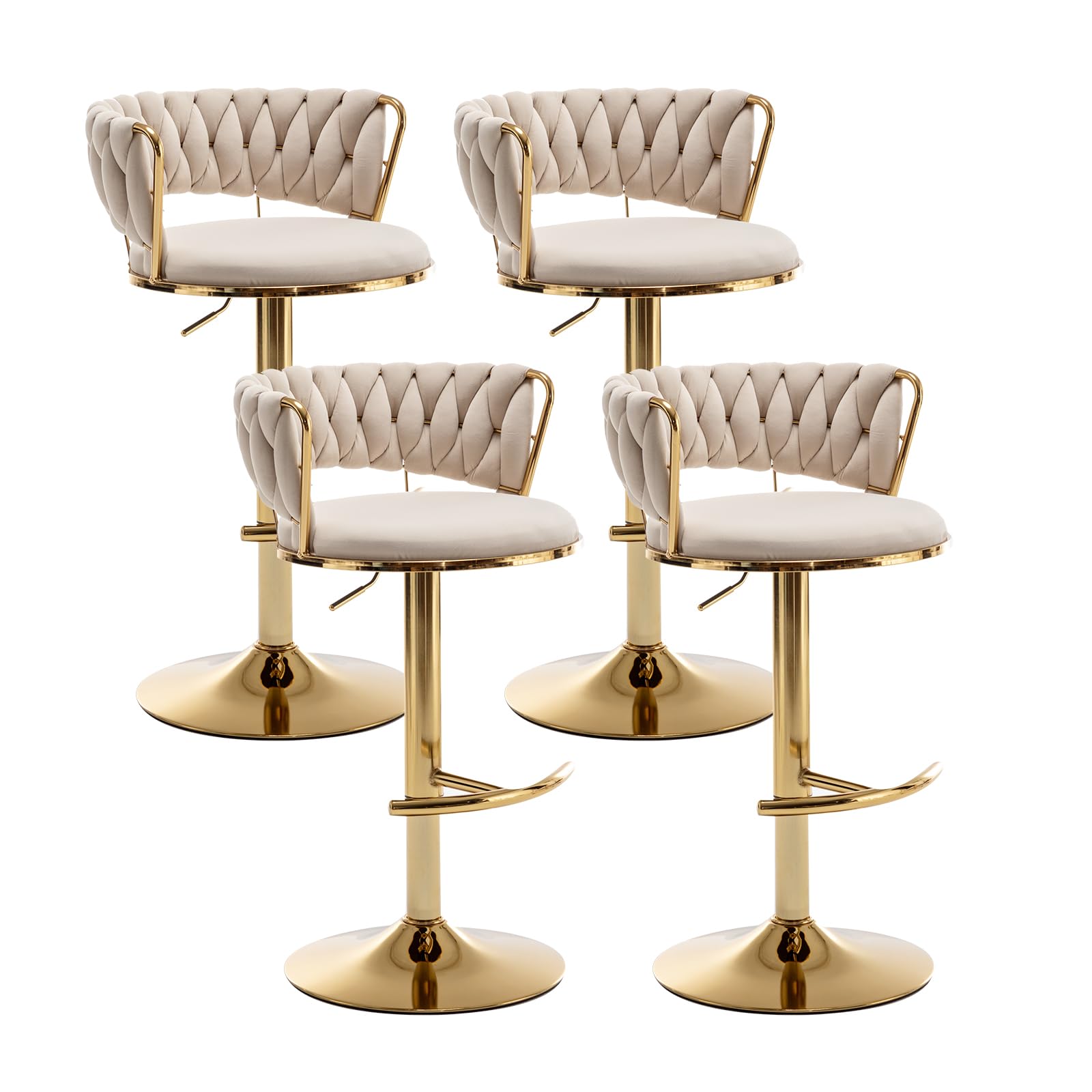 Canxkun Gold Bar Stools Set of 4, Counter Height Bar Stools with Low Back, Velvet Adjustable Height Barstools, 360° Swivel Bar Stools for Kitchen