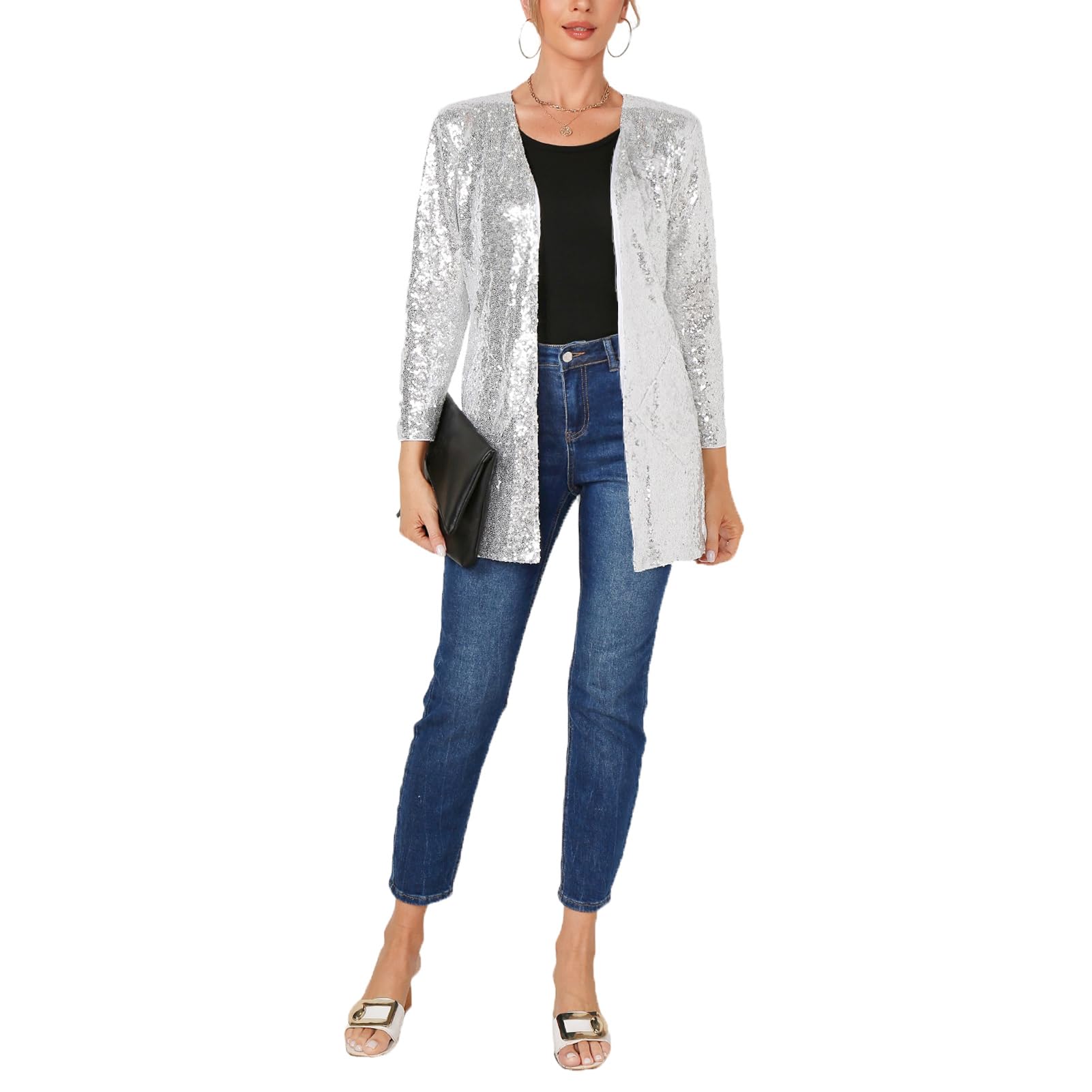 Damen Pailetten Jacke Glitzer Blazer Elegant Offene Vorne Langarm Pailetten Cardigan Festliche Strickjacke Party Club