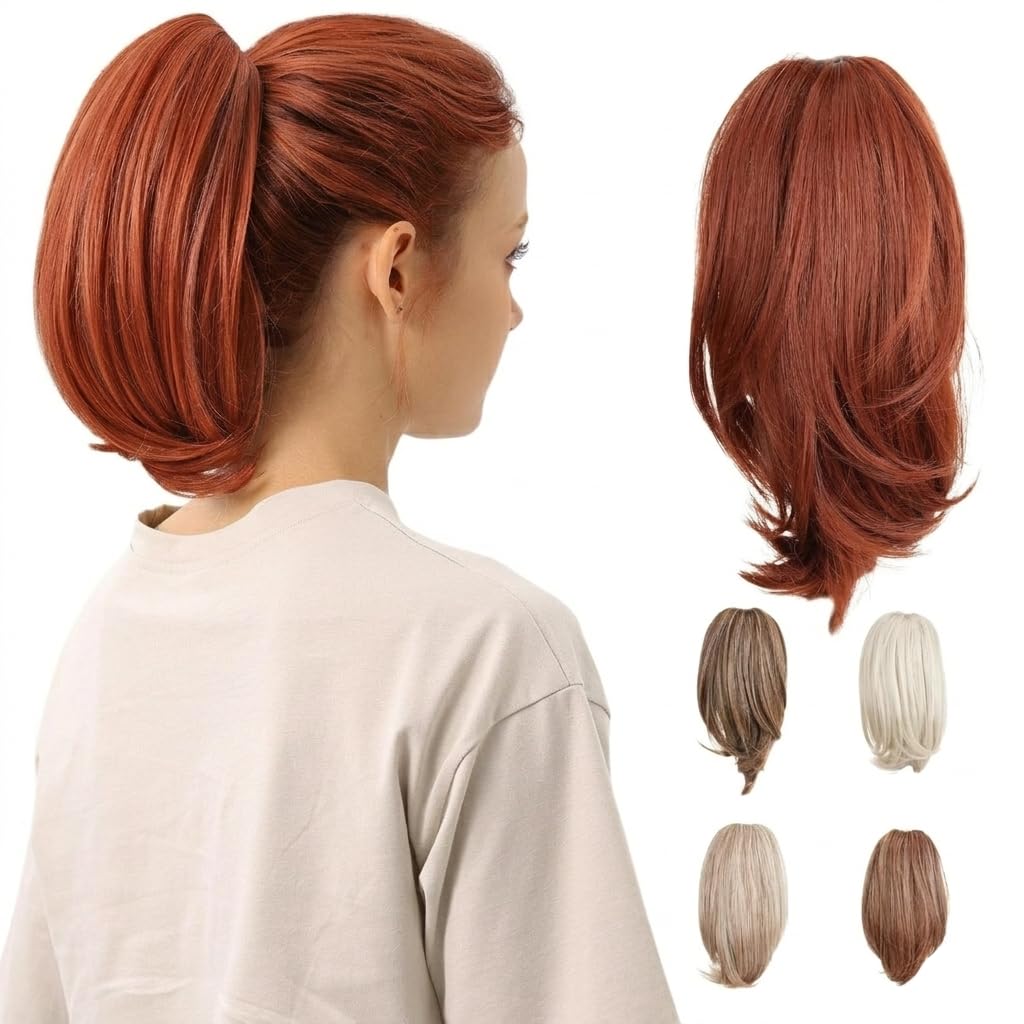 JUVABUN Extension a coda di cavallo da 25,4 cm, con clip, capelli sintetici, colore rosso scuro, extension sintetiche per donne e uomini, lavabili, realistiche e sintetiche, rosso scuro