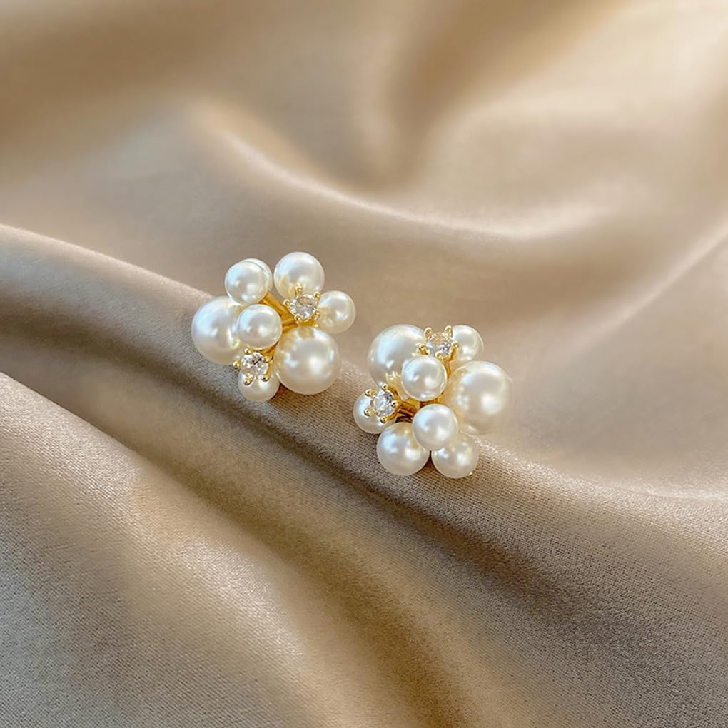 Cluster Pearl Stud Earrings,Sparkling Cubic Zirconia Pearl Statement Earrings,Aesthetic Personalized White Bead Ear Accessories for Bridesmaid - Image 6