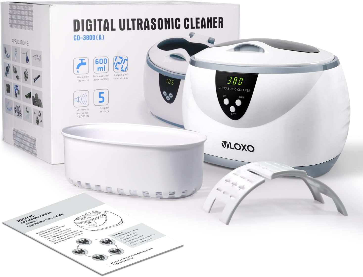 VLOXO CD-3800 Ultrasonic Cleaner with its packaging and accessories