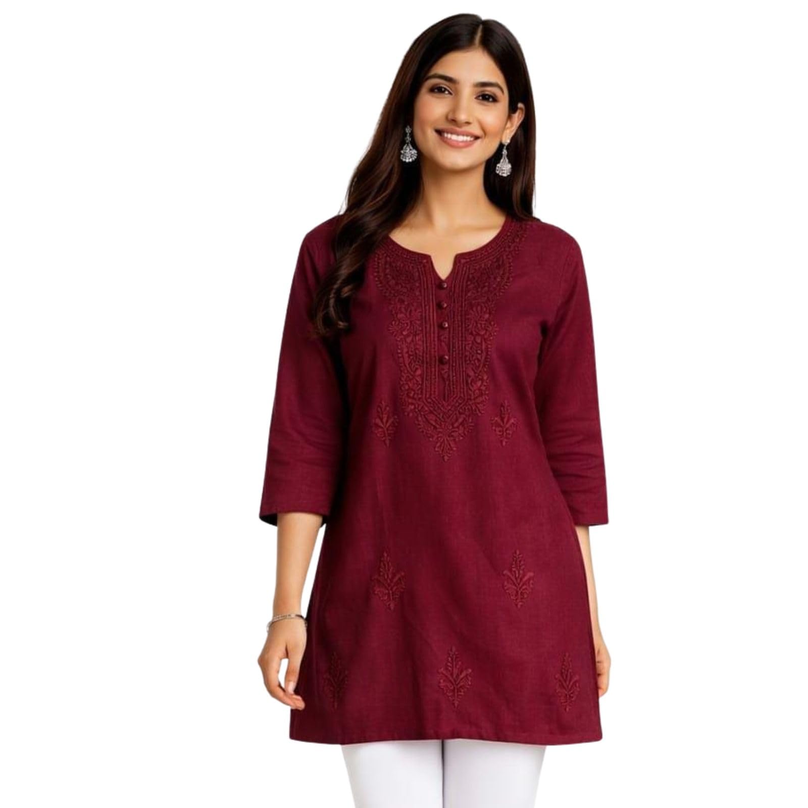 Women Embroidered Kurti Straight Fit Casual Ethnic Kurta 3/4 Sleeve Maroon Kurti for Daily Office-image-0