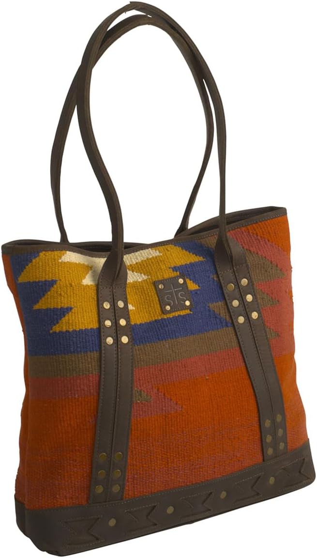 STS Ranchwear Full Grain Leather Accents Dual Handles Zipped Top Crimson Sun Tote Handbag, Matte Natural Chocolate