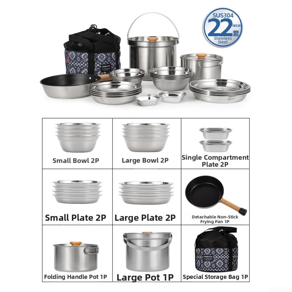 Batterie de cuisine portable 22 pièces en acier inoxydable pour camping