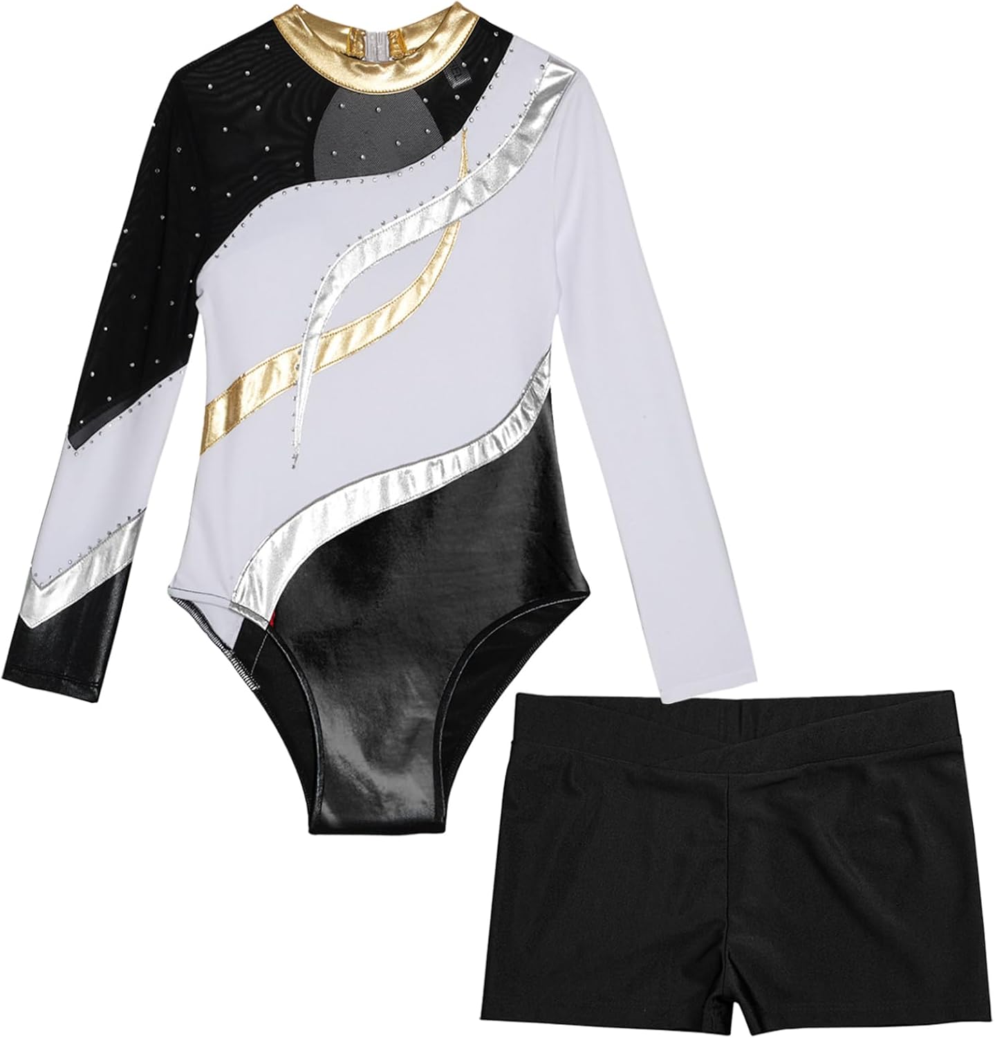 Gymnastics Leotards for Girls with Shorts Long Sleeve Sparkly Ballet Dance Leotard Workout Tracksuit Dancewear