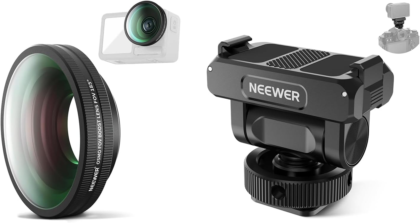 NEEWER FL-B30 OSMO Action 4/5 Pro FOV Boost Lens + AC012 Mount Adapter Compatible with DJI Osmo 360/5 Pro/4/3, Threaded 185° FOV Wide Angle Lens, Action Camera Accessories