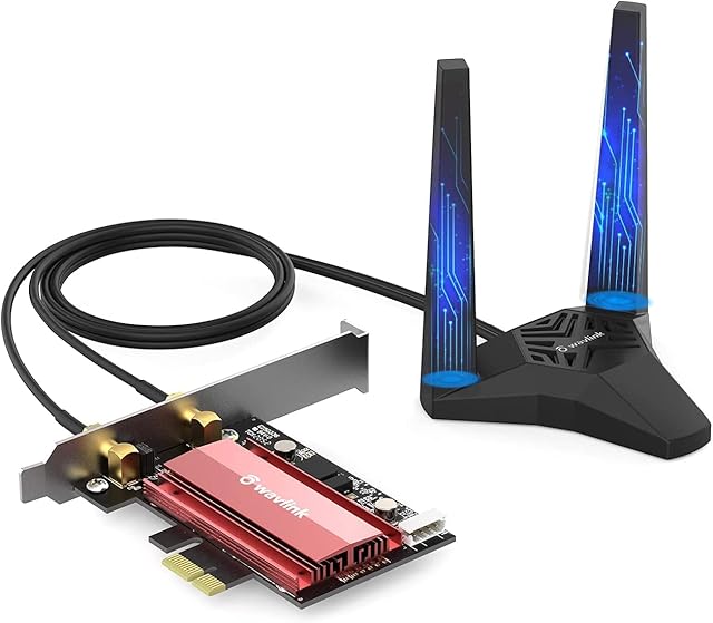 AX3000 WiFi 6E PCIe WiFi Card with Bluetooth 5.2, WAVLINK 2974Mbps Tri Band WiFi 6E PC WiFi Adapter, WPA3, Ultra-Low Latency, Magnetic Base 2 x 5dBi Antennas, for Windows 11/10(64bit) Desktop PC