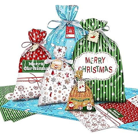 LOKIPA Christmas Wrapping Gift Bags,30Large Goodie Gift Bag with 72Feet Ribbon and 30 Tags for Chrismtas Wrapping Gift Cover