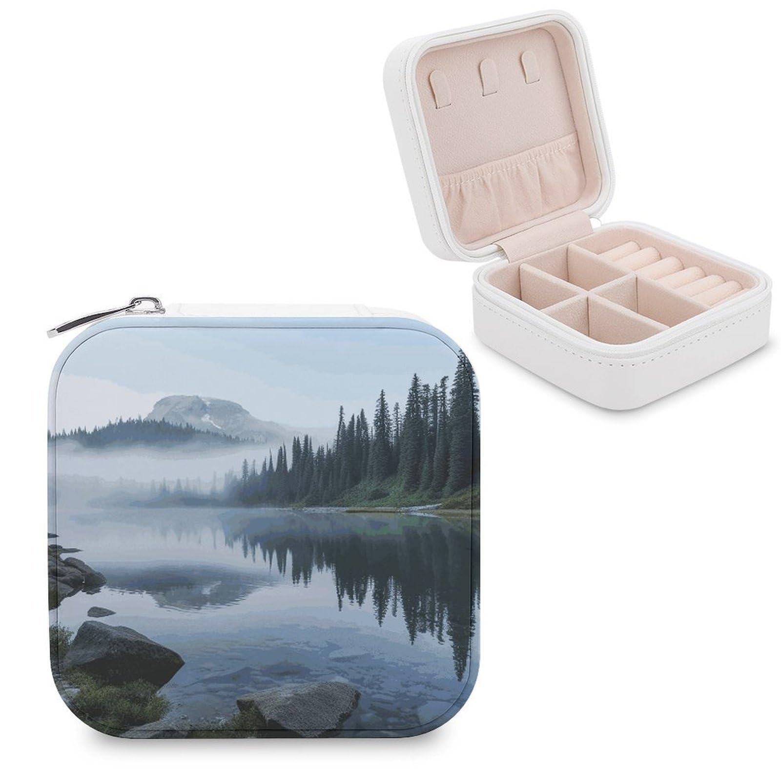JTREHY Foggy Lake by Mount Rainier Jewelry Box Personalized PU Jewelry Box Exquisite Jewelrys Organizer Case Small Portable Jewellery Storage Holder for Rings Earrings Necklaces Gifts