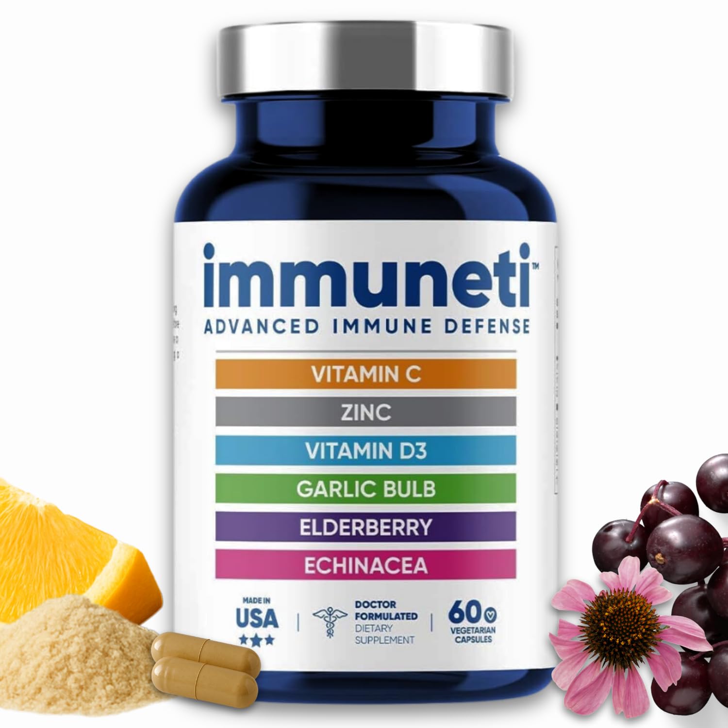 Immuneti Advanced Immune Support – Doctor Formulated 6-in-1 Daily Immunity Supplement – Made in USA – With Vitamin C, D3, Zinc, Elderberry, Garlic & Echinacea - Vital Nutrients & Antioxidants (1)
